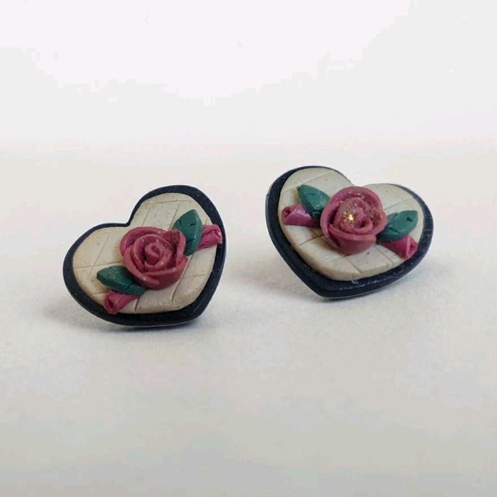 Vintage Handcrafted Heart Stud Earrings w/ Rose Design, Cream Pink